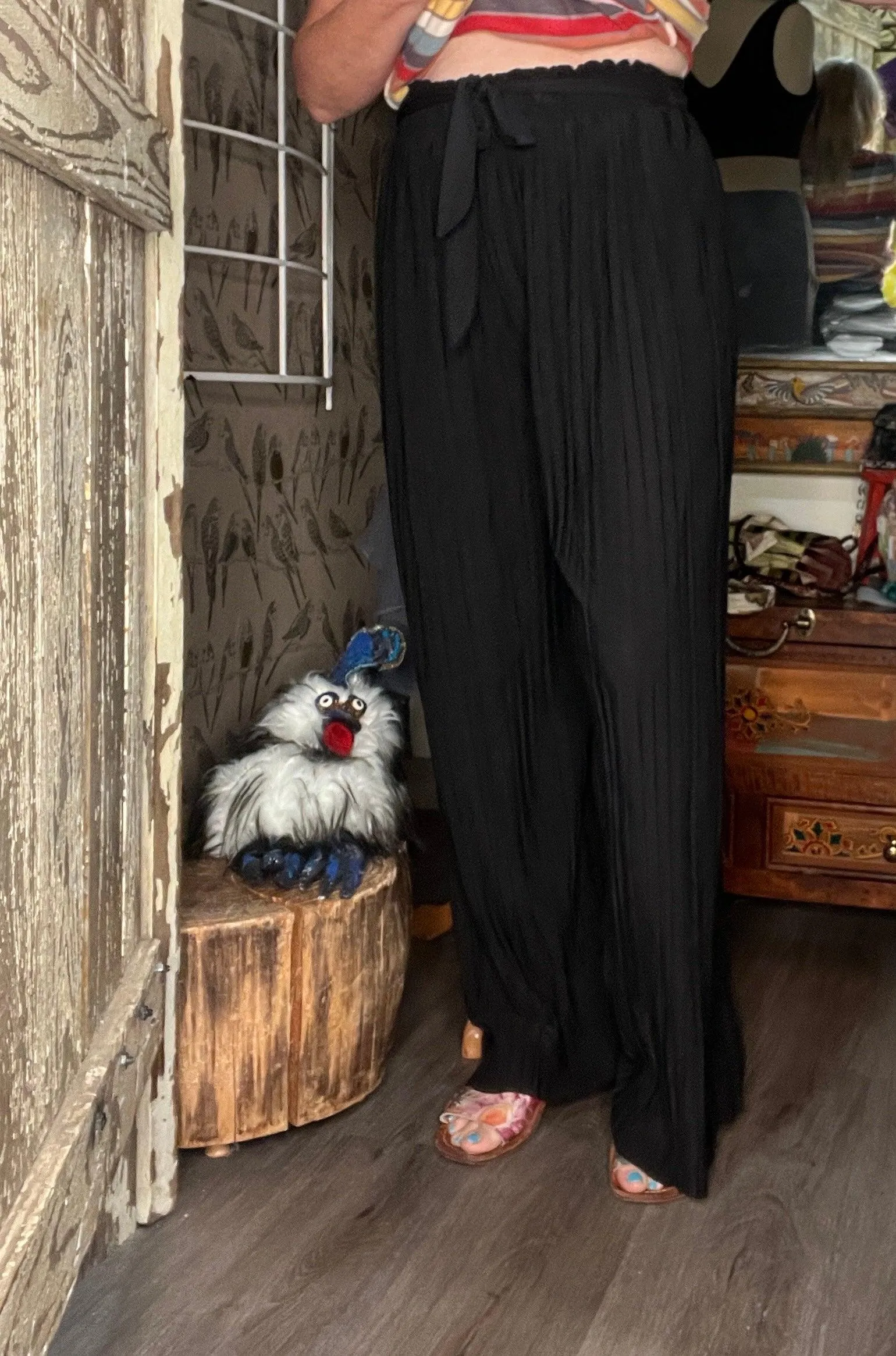 Solid Pleated Pants with Self Sash PB902A Black