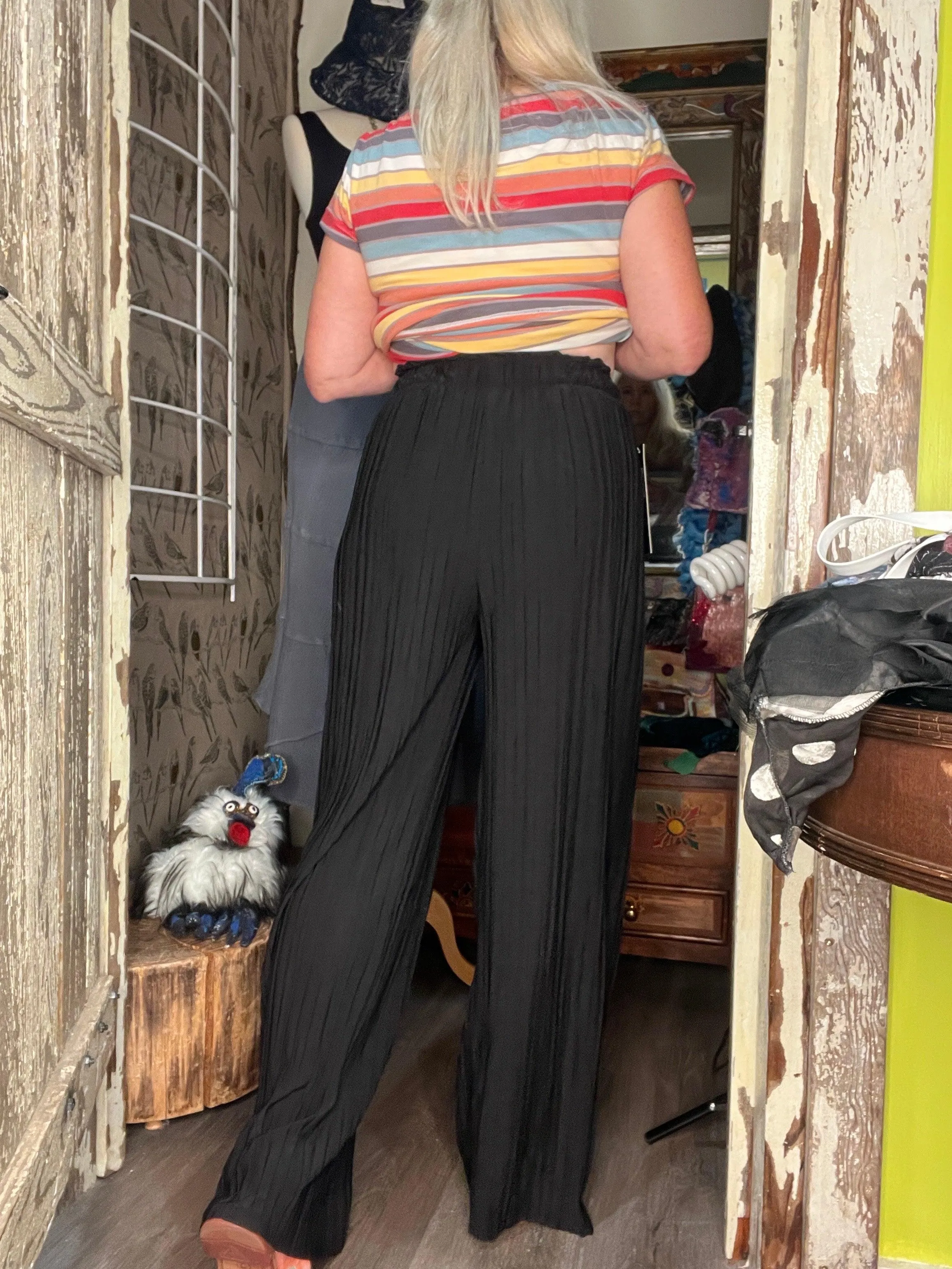 Solid Pleated Pants with Self Sash PB902A Black