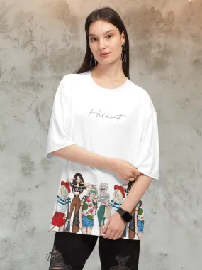 Trendy White Printed Oversized T-shirt for Women