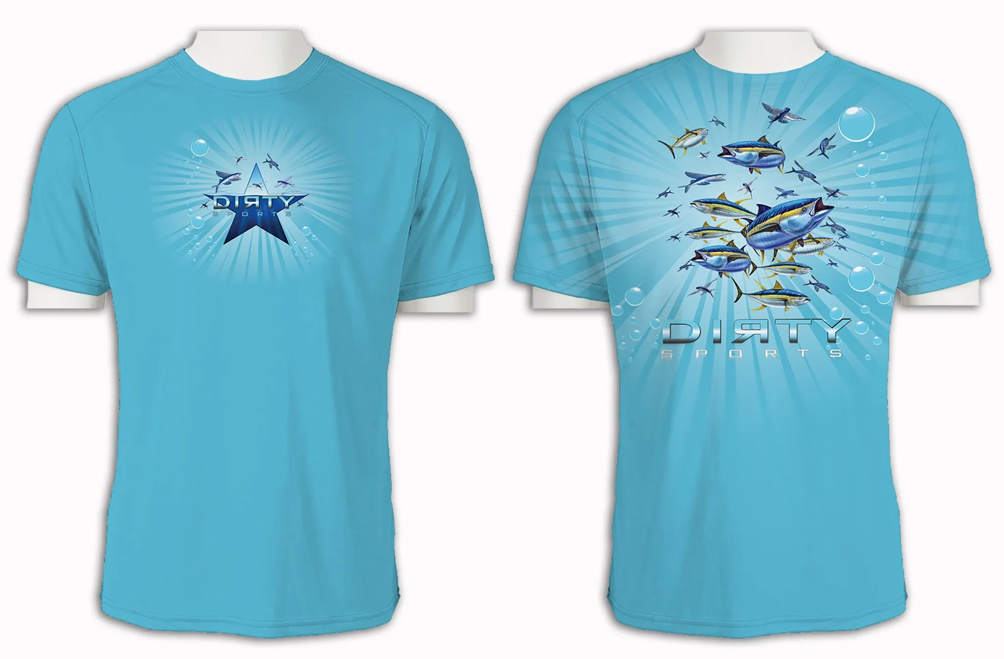 Tuna & Flying Fish, baby blue, full coverage - Short Sleeve Polyester Shirt