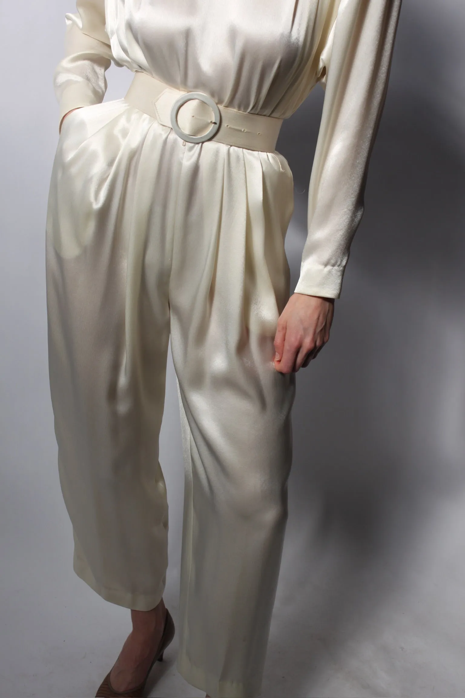 Vintage Oyster Satin Pleated & Belted Jumpsuit
