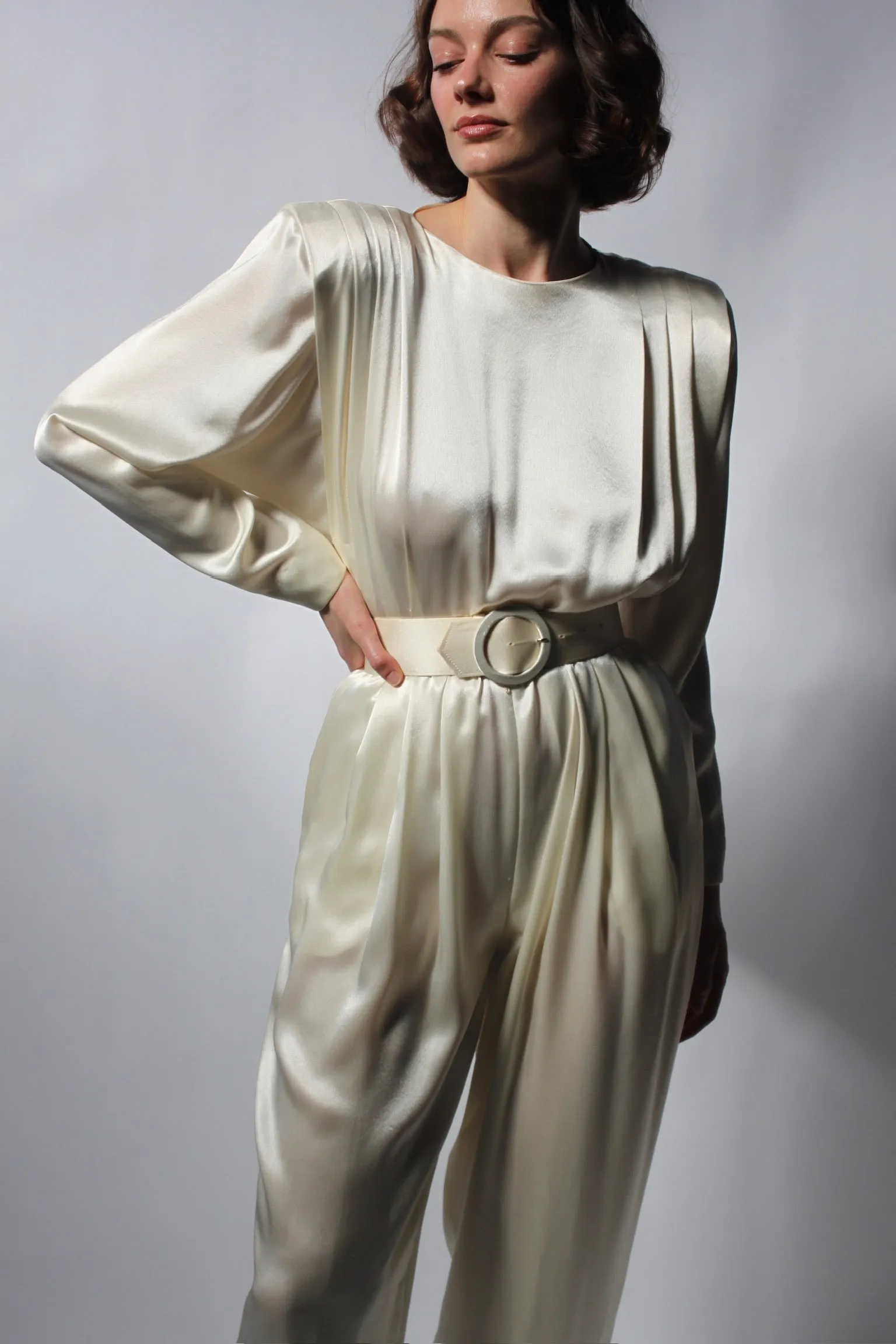 Vintage Oyster Satin Pleated & Belted Jumpsuit