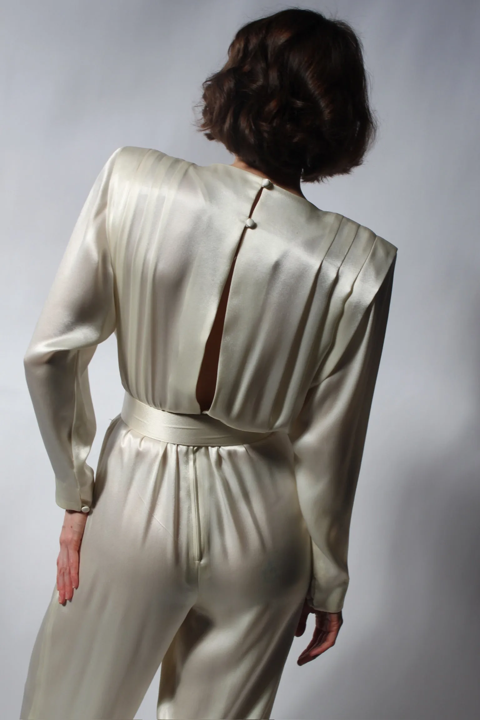 Vintage Oyster Satin Pleated & Belted Jumpsuit