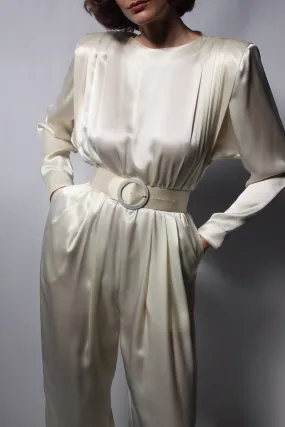 Vintage Oyster Satin Pleated & Belted Jumpsuit