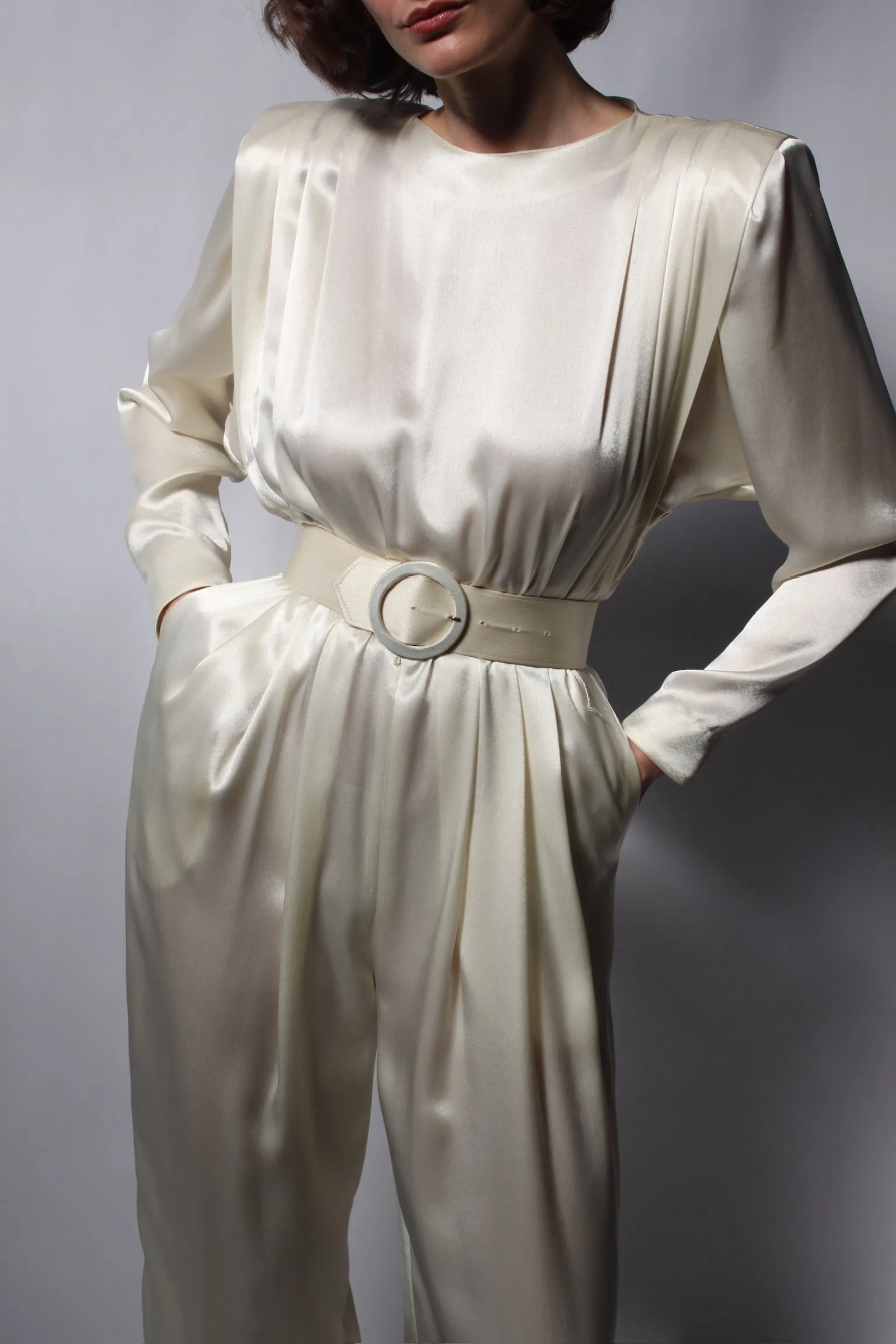 Vintage Oyster Satin Pleated & Belted Jumpsuit