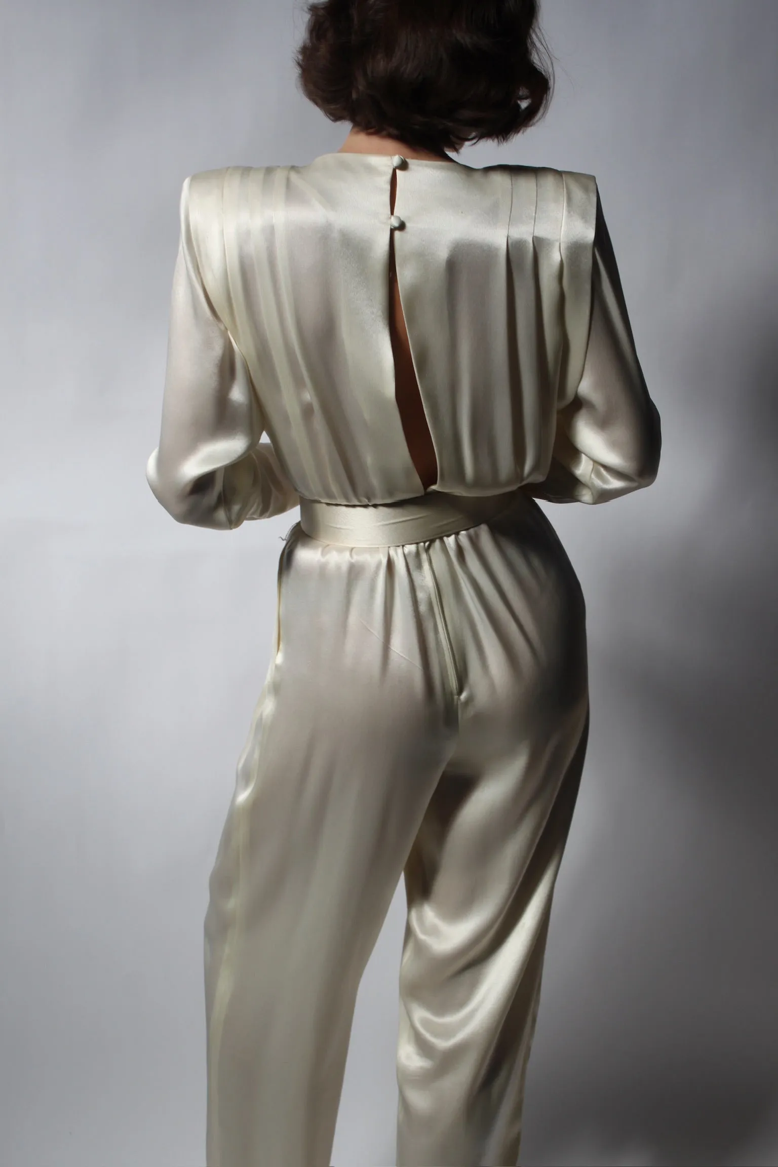 Vintage Oyster Satin Pleated & Belted Jumpsuit