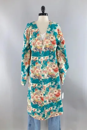 Vintage Turquoise Cotton Kimono Style Robe
