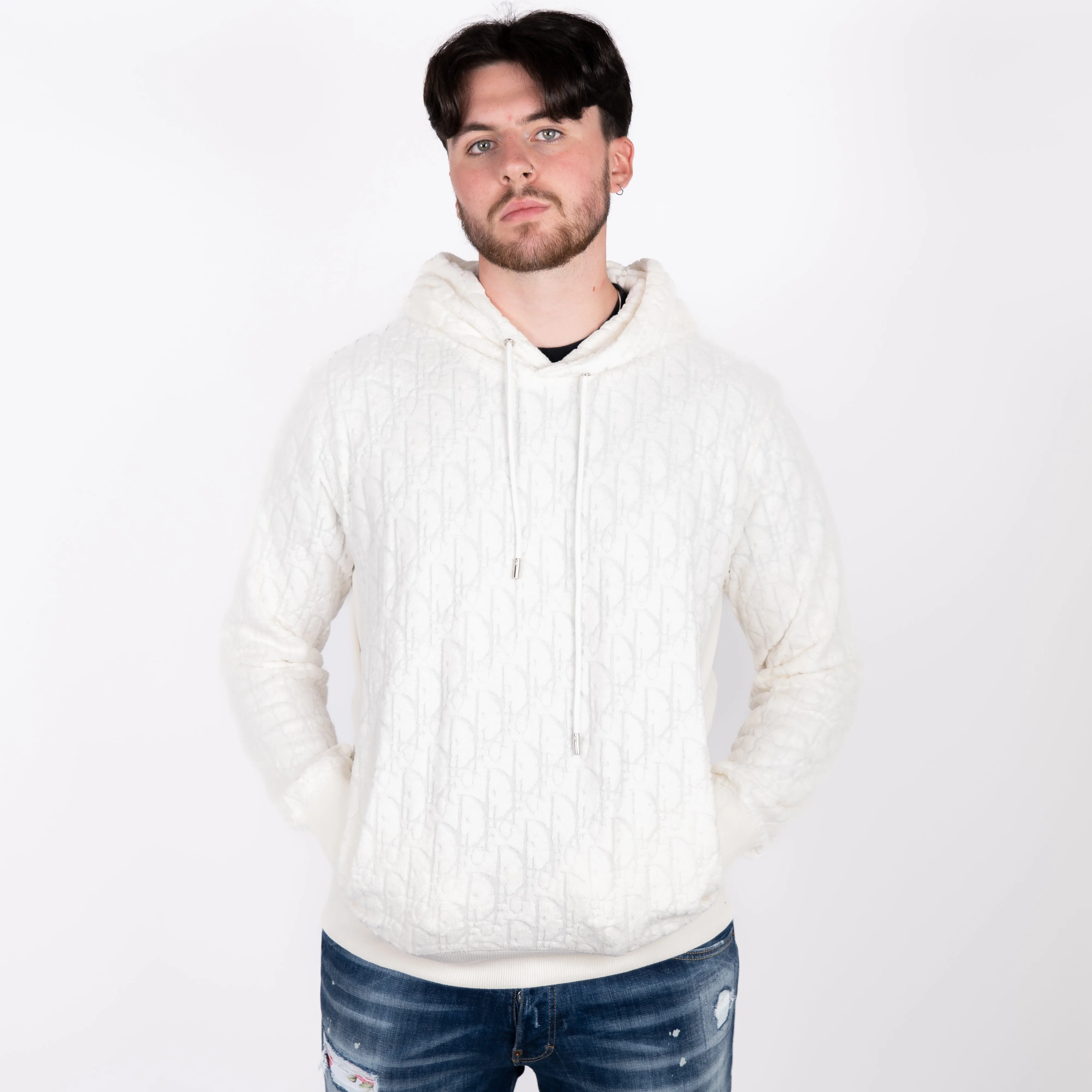 White Oblique Hooded Sweatshirt.
