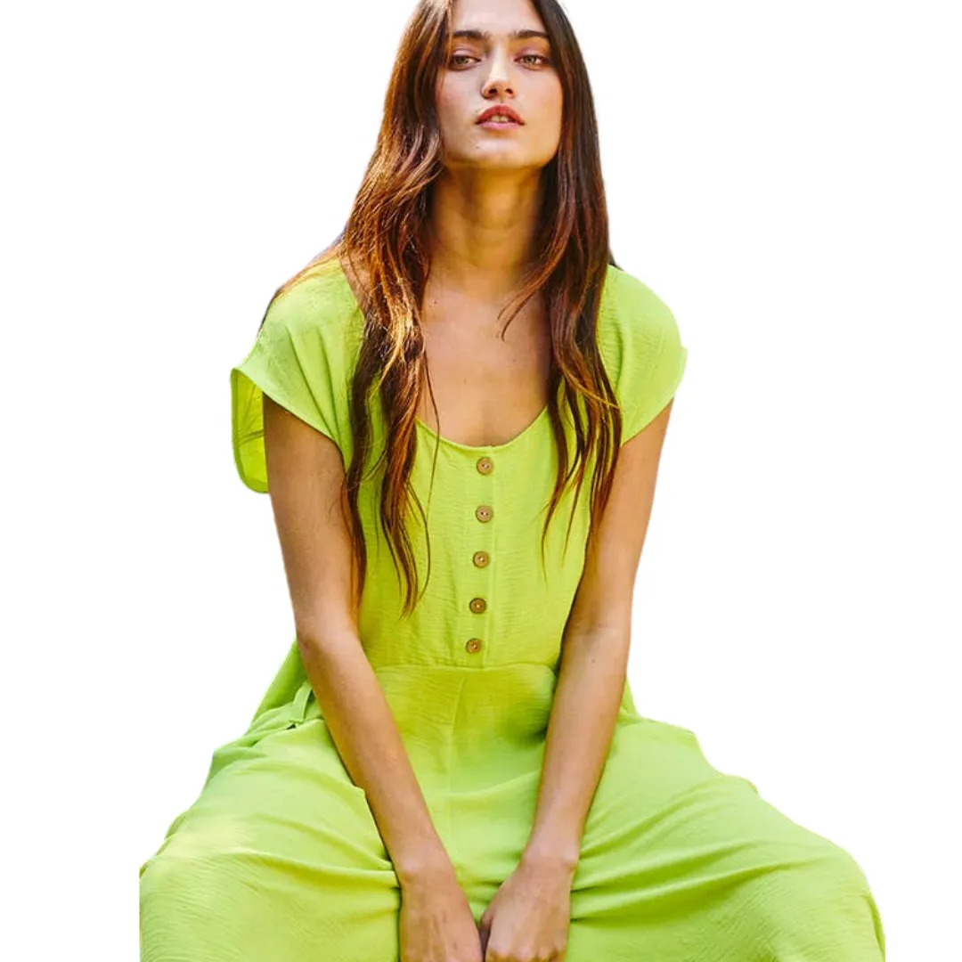 Wide Leg Solid Woven Jumpsuit: Lime Green