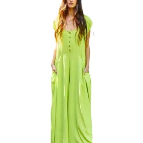 Wide Leg Solid Woven Jumpsuit: Lime Green