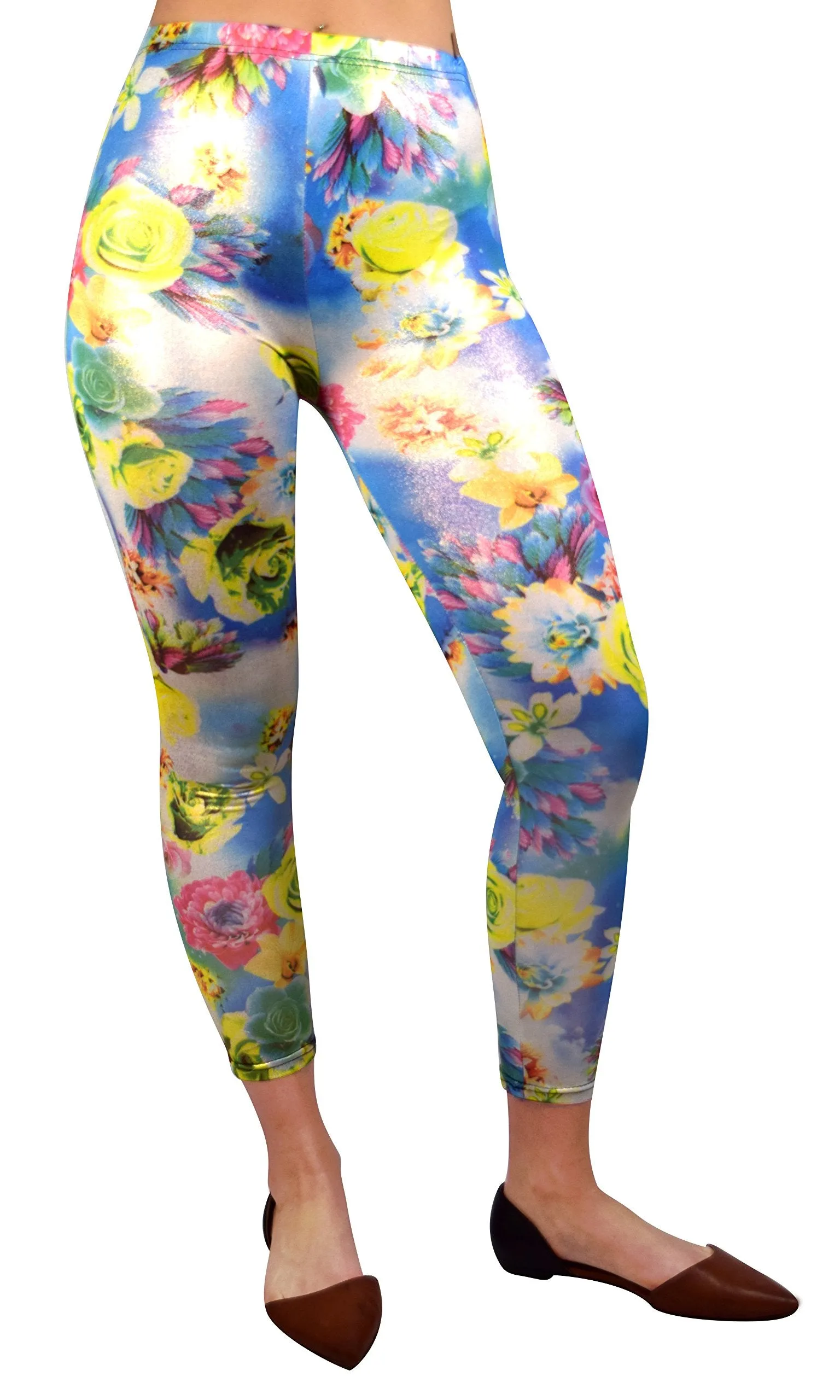 Women Stretch Sparkly Floral Design Vintage Leggings Tight Pants