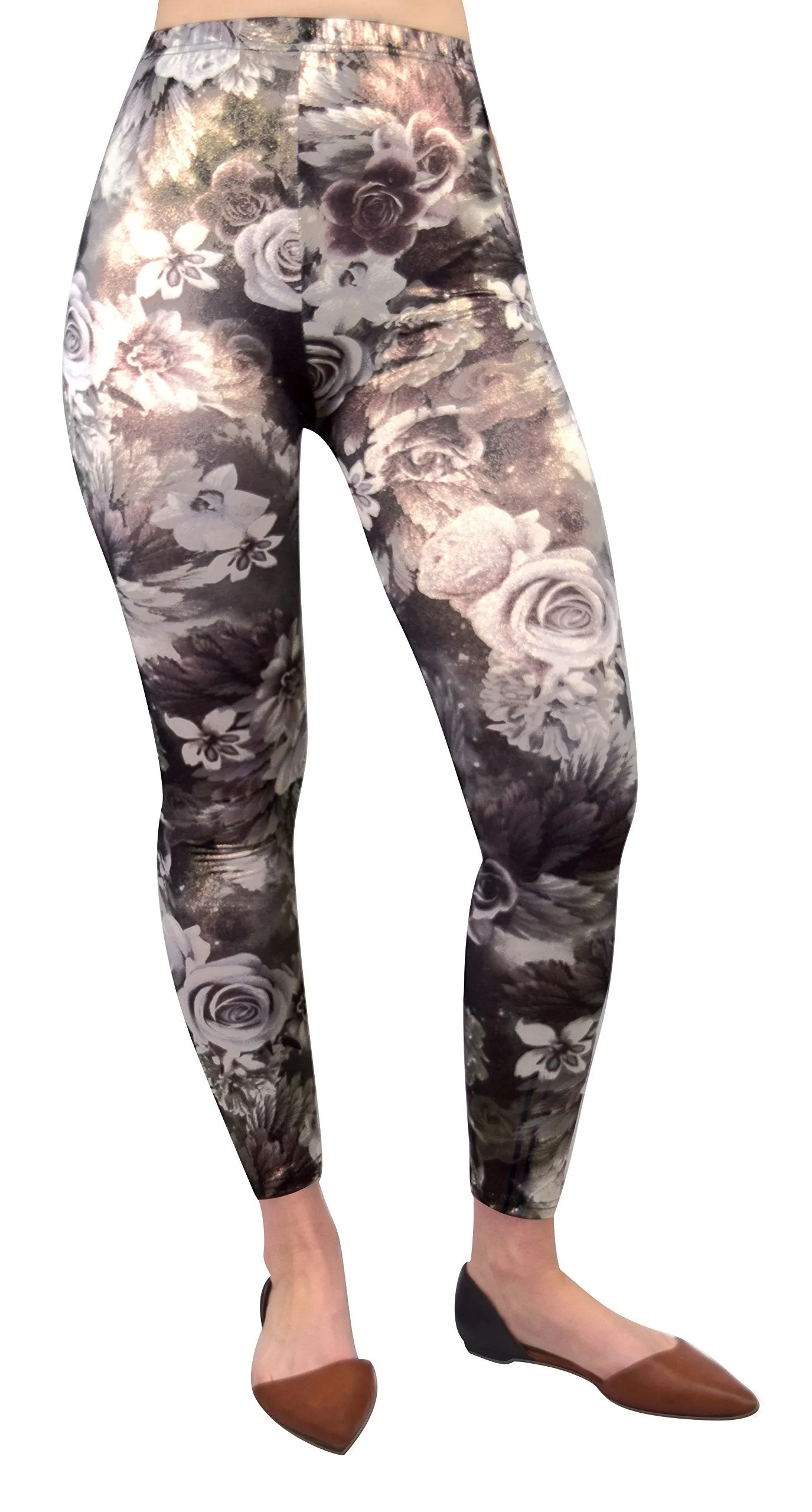 Women Stretch Sparkly Floral Design Vintage Leggings Tight Pants