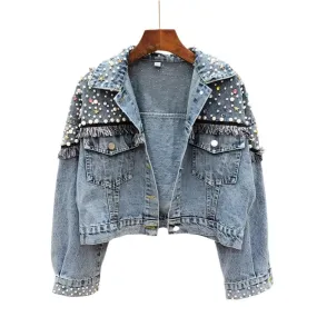 Women's Hand-Studded Pearl Denim Jacket – Trendy Punk Streetwear with Tassel