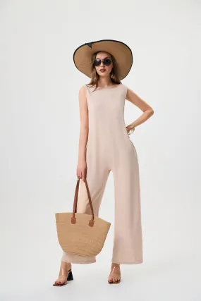 Women's Linen fashion Jumpsuit - Comfortable And Breathable, Elastic Back With Classic H-Line Design And Pockets, Available In Black Apricot And Orange Red