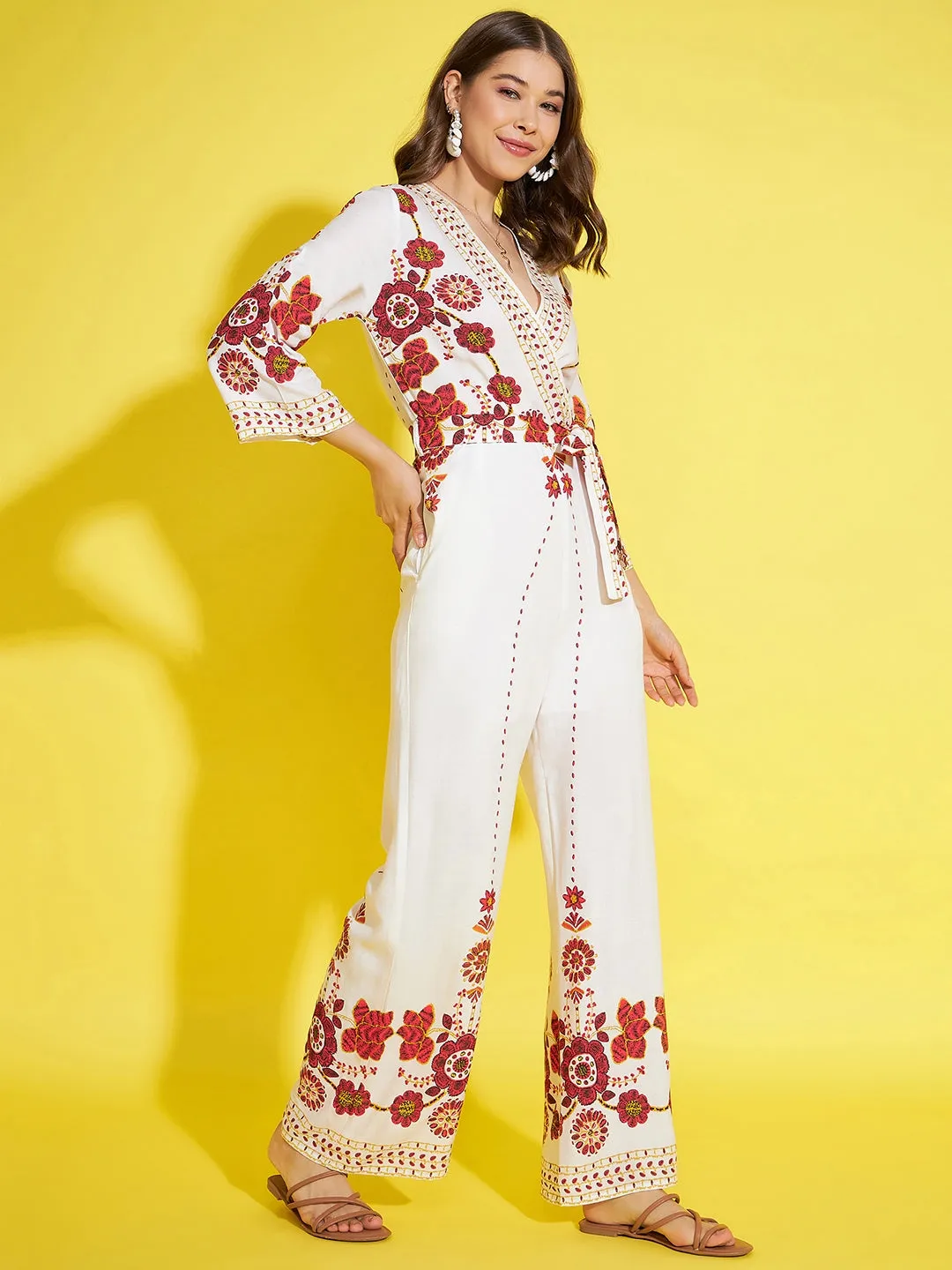 Women's Printed Cream & Red Jumpsuit - StyleStone