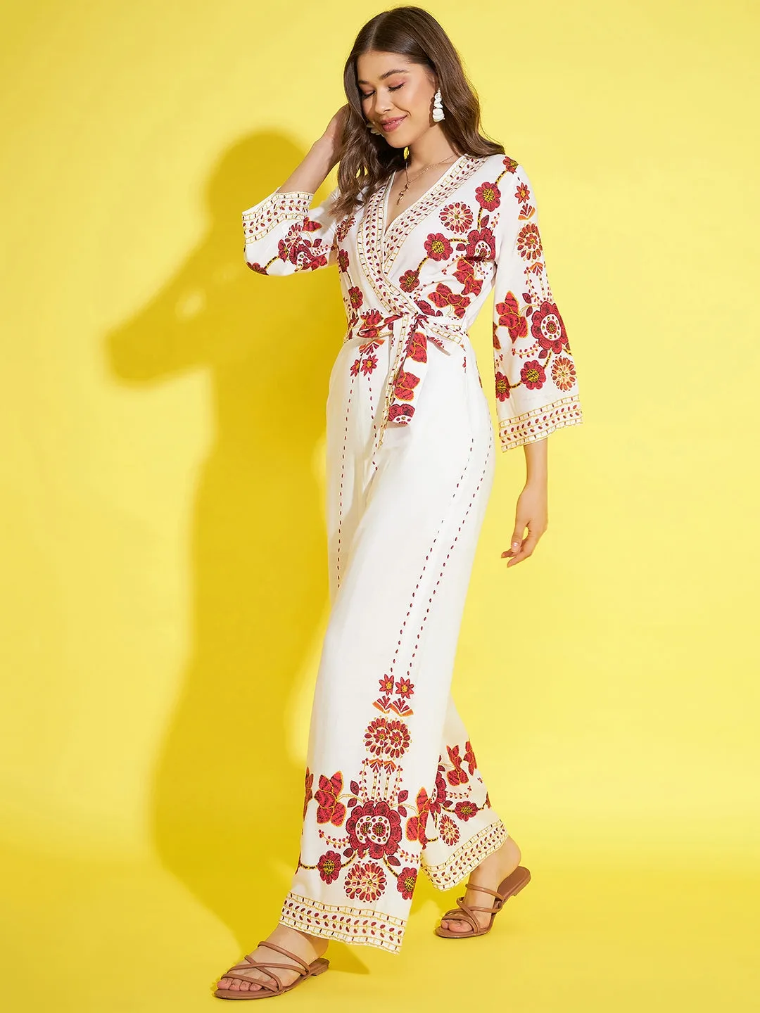 Women's Printed Cream & Red Jumpsuit - StyleStone