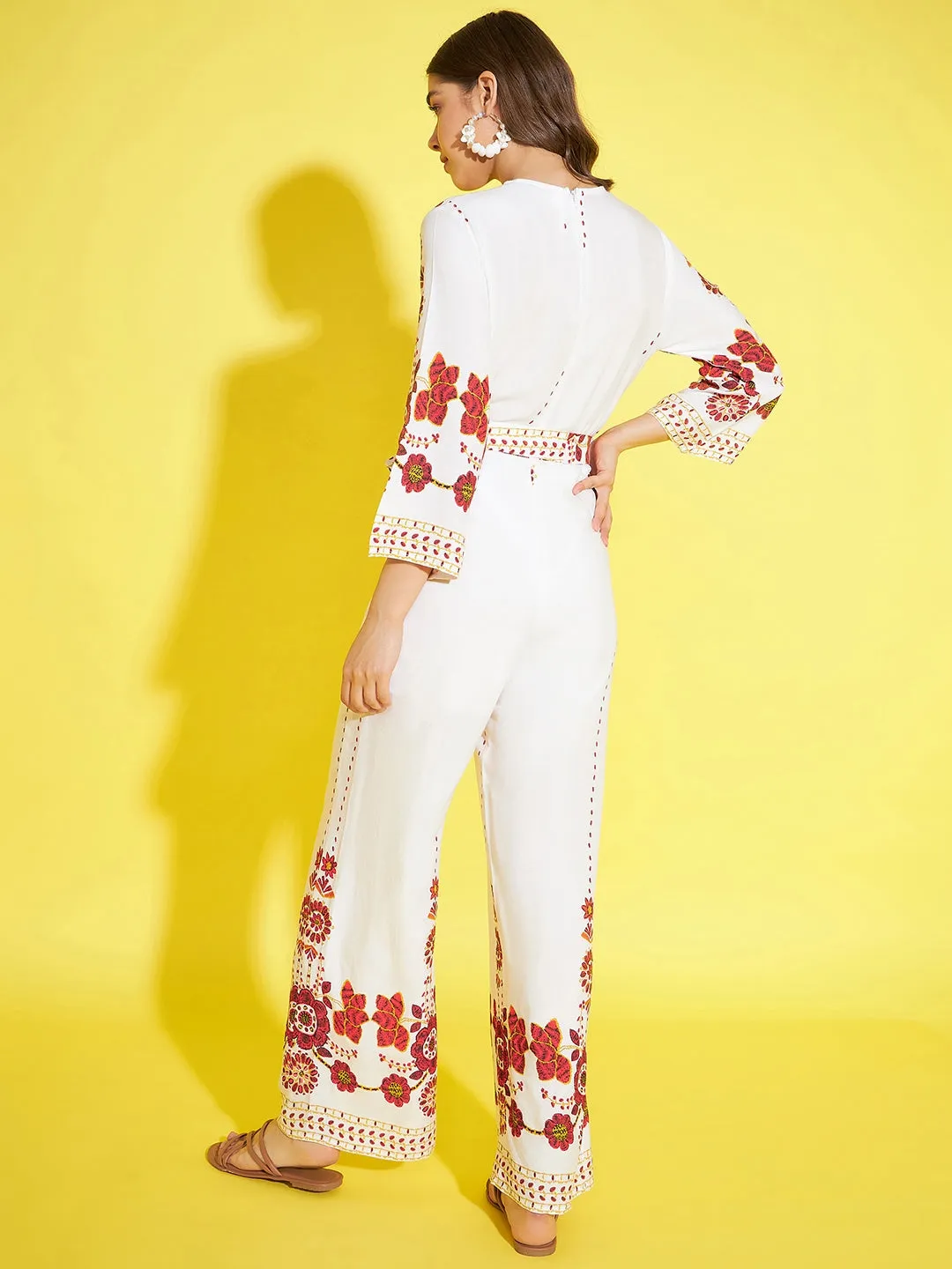 Women's Printed Cream & Red Jumpsuit - StyleStone